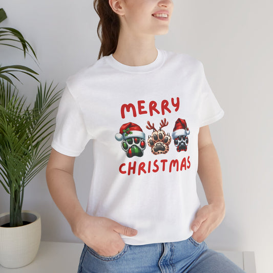 Merry Christmas paw prints Unisex Jersey Tee, Holiday T-shirt, Christmas Gift, Festive Short Sleeve, Winter Wear, Holiday Outfit, Gift for Him/Her