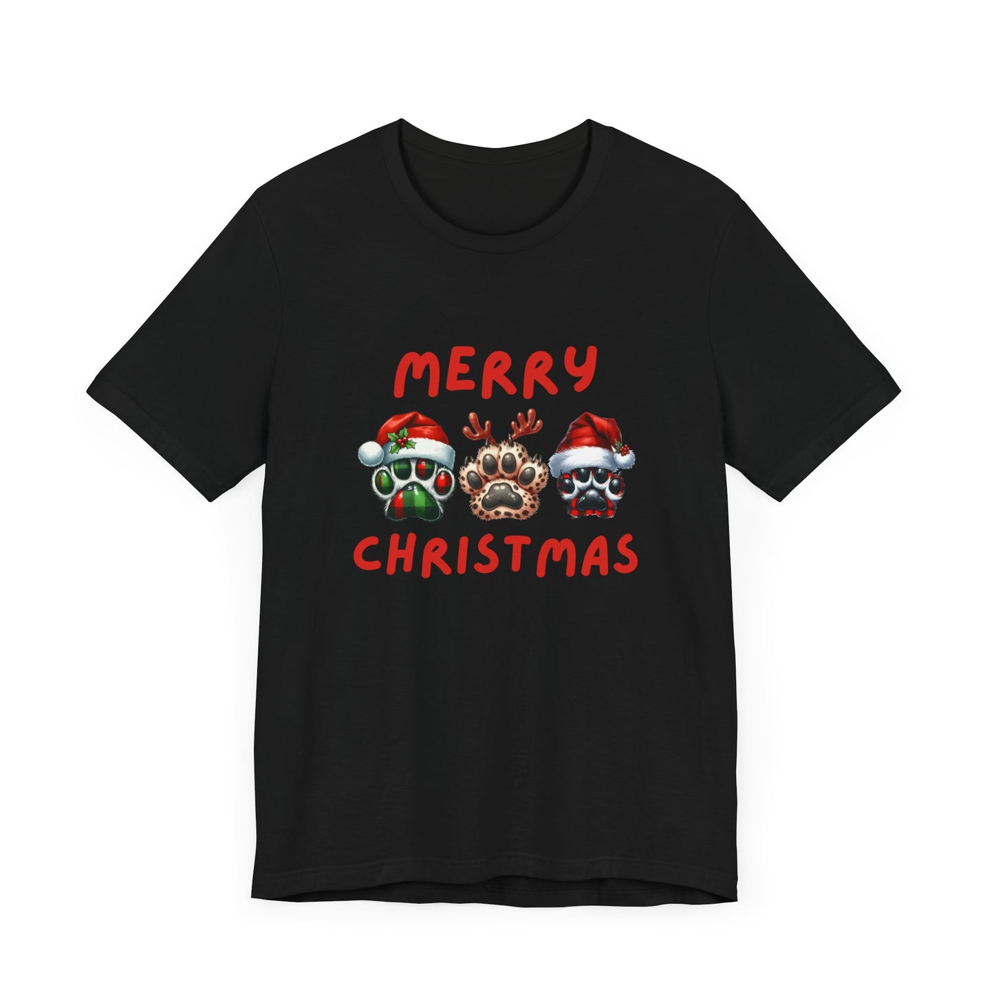 Merry Christmas paw prints Unisex Jersey Tee, Holiday T-shirt, Christmas Gift, Festive Short Sleeve, Winter Wear, Holiday Outfit, Gift for Him/Her