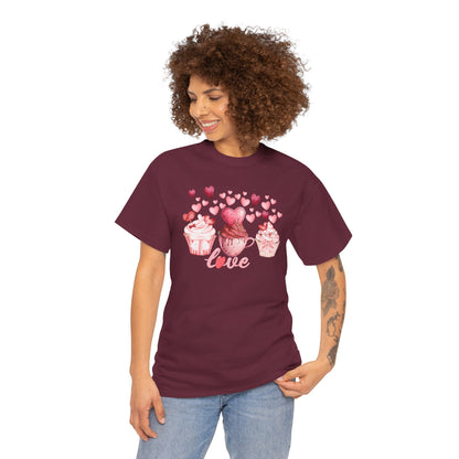 Pink Cupcakes and Hearts T-Shirt! Love Cupcake Unisex Heavy Cotton Tee, Cute Dessert Shirt, Valentines Day Gift, Sweet Treats Apparel, Birthday Party Top, Comfortable