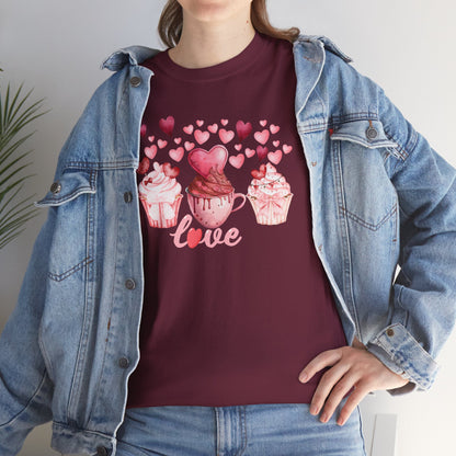Pink Cupcakes and Hearts T-Shirt! Love Cupcake Unisex Heavy Cotton Tee, Cute Dessert Shirt, Valentines Day Gift, Sweet Treats Apparel, Birthday Party Top, Comfortable