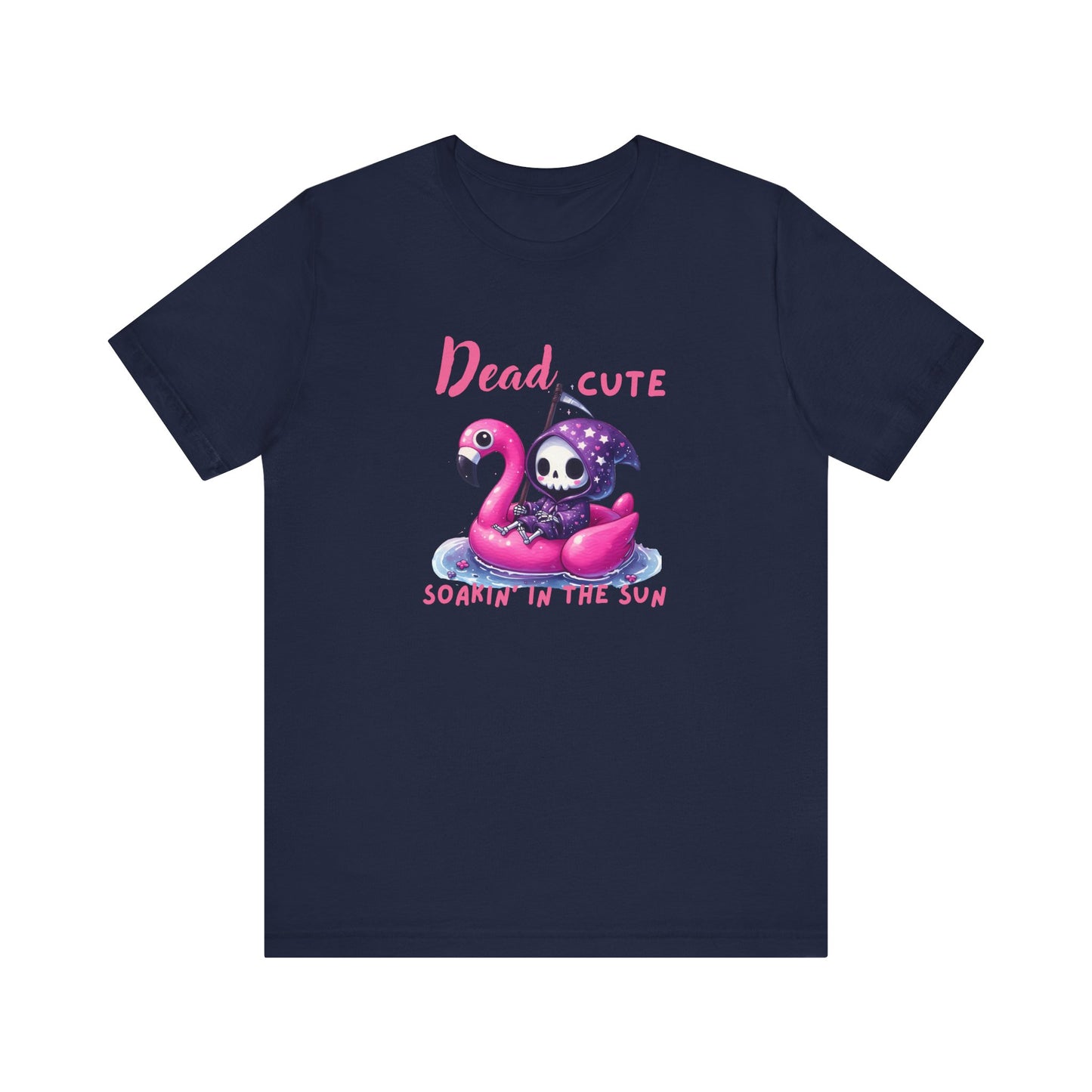 Dead Cute soakin in the sun Flamingo T-Shirt Summerween Funny Grim Reaper Shirt Halloween Vacation Vibes, Unique Gift, Beach Party Apparel