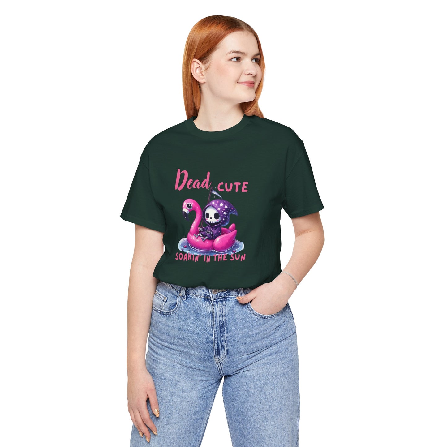 Dead Cute soakin in the sun Flamingo T-Shirt Summerween Funny Grim Reaper Shirt Halloween Vacation Vibes, Unique Gift, Beach Party Apparel