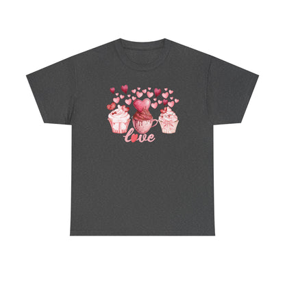 Pink Cupcakes and Hearts T-Shirt! Love Cupcake Unisex Heavy Cotton Tee, Cute Dessert Shirt, Valentines Day Gift, Sweet Treats Apparel, Birthday Party Top, Comfortable