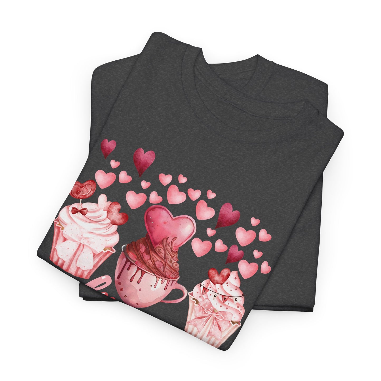 Pink Cupcakes and Hearts T-Shirt! Love Cupcake Unisex Heavy Cotton Tee, Cute Dessert Shirt, Valentines Day Gift, Sweet Treats Apparel, Birthday Party Top, Comfortable