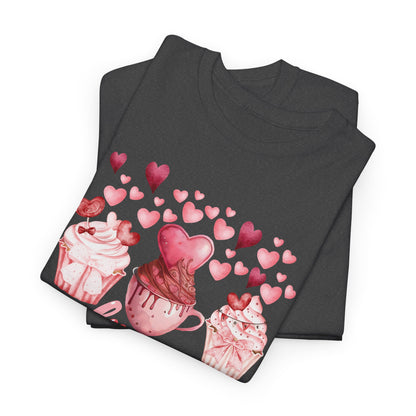 Pink Cupcakes and Hearts T-Shirt! Love Cupcake Unisex Heavy Cotton Tee, Cute Dessert Shirt, Valentines Day Gift, Sweet Treats Apparel, Birthday Party Top, Comfortable