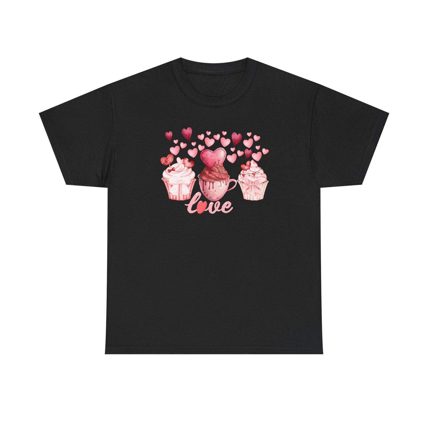 Pink Cupcakes and Hearts T-Shirt! Love Cupcake Unisex Heavy Cotton Tee, Cute Dessert Shirt, Valentines Day Gift, Sweet Treats Apparel, Birthday Party Top, Comfortable