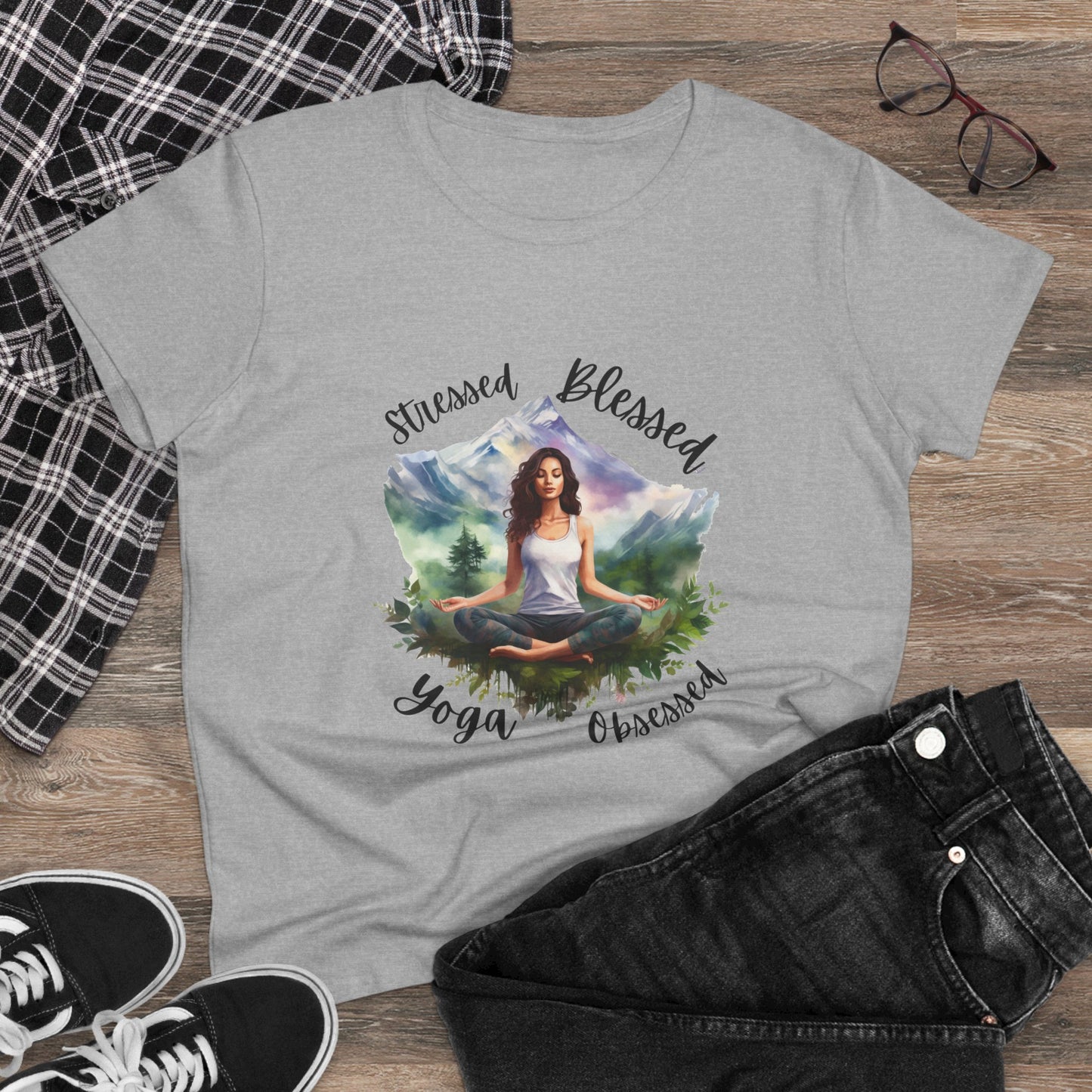 Stressed Blessed yoga Obsessed Woman's Semi fitted Shirt