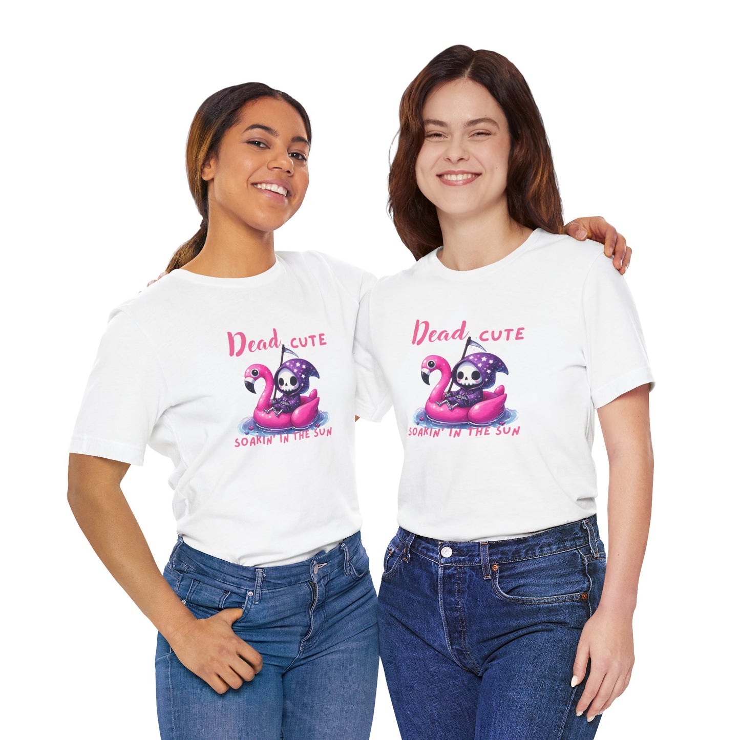 Dead Cute soakin in the sun Flamingo T-Shirt Summerween Funny Grim Reaper Shirt Halloween Vacation Vibes, Unique Gift, Beach Party Apparel