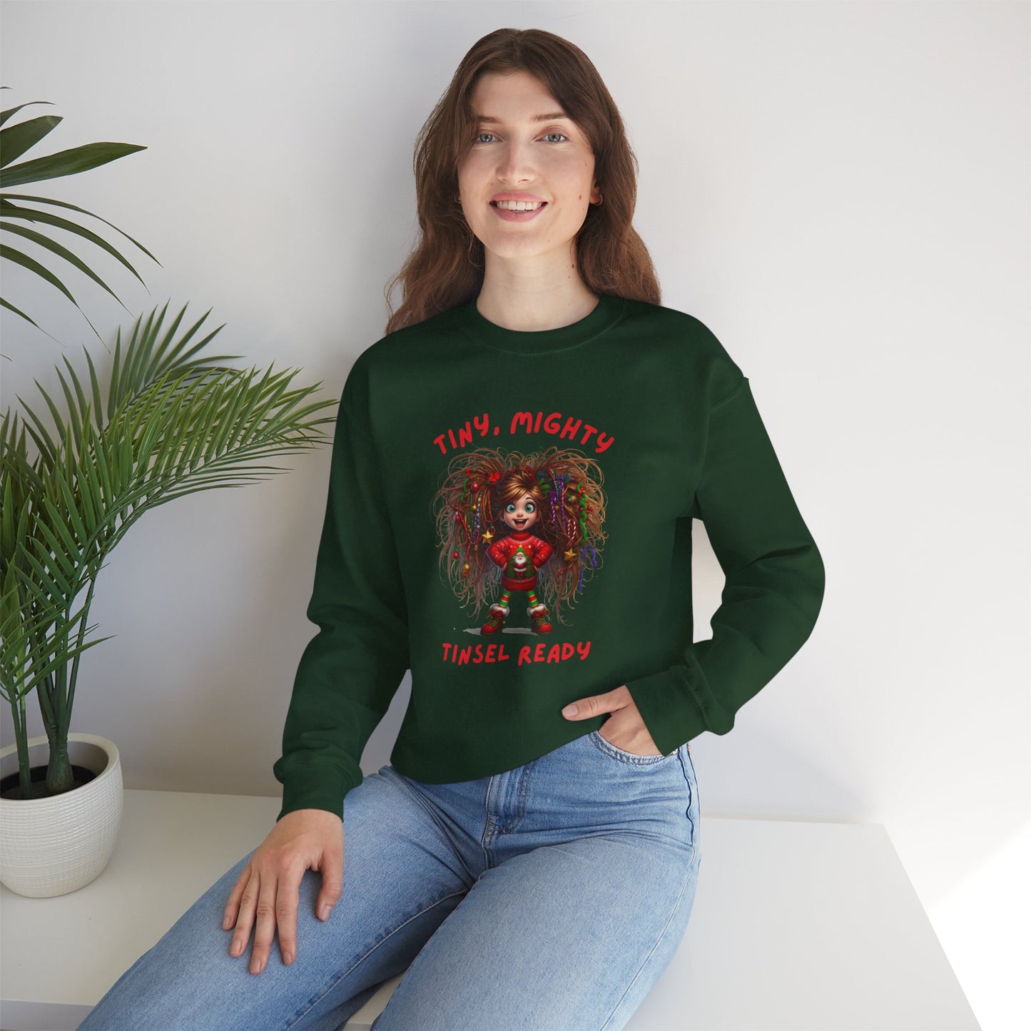 Tiny Mighty Tinsel Ready Sweatshirt, Holiday Sweater, Cute Graphic Crewneck, Unisex Winter Apparel, Gift for Her