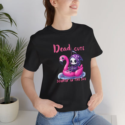 Dead Cute soakin in the sun Flamingo T-Shirt Summerween Funny Grim Reaper Shirt Halloween Vacation Vibes, Unique Gift, Beach Party Apparel
