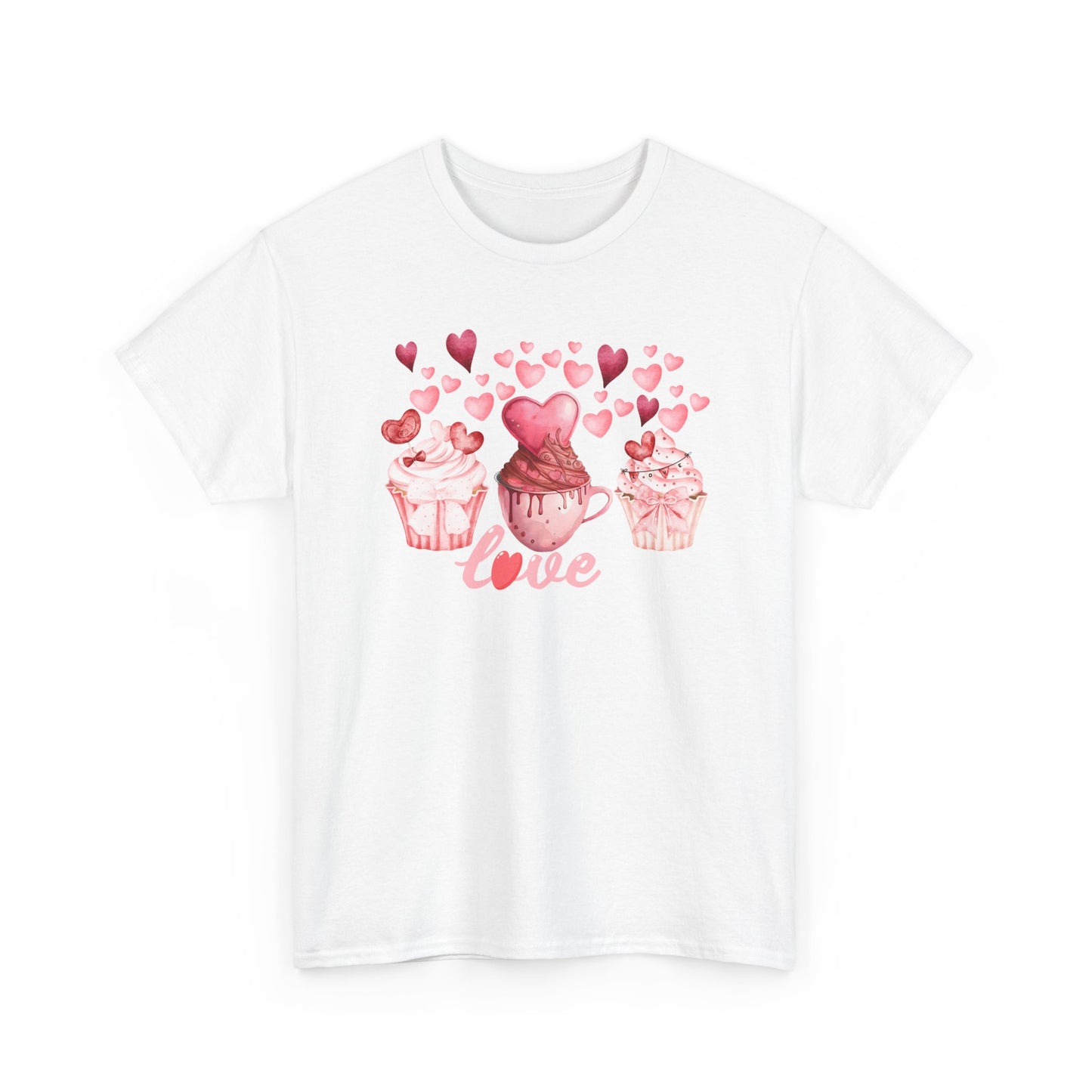 Pink Cupcakes and Hearts T-Shirt! Love Cupcake Unisex Heavy Cotton Tee, Cute Dessert Shirt, Valentines Day Gift, Sweet Treats Apparel, Birthday Party Top, Comfortable