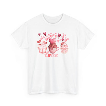 Pink Cupcakes and Hearts T-Shirt! Love Cupcake Unisex Heavy Cotton Tee, Cute Dessert Shirt, Valentines Day Gift, Sweet Treats Apparel, Birthday Party Top, Comfortable