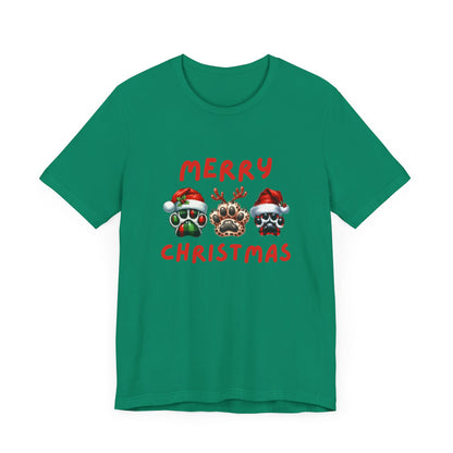 Merry Christmas paw prints Unisex Jersey Tee, Holiday T-shirt, Christmas Gift, Festive Short Sleeve, Winter Wear, Holiday Outfit, Gift for Him/Her
