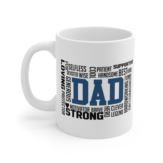 Celebrate Dad’s greatness every morning with this charming “All About Dad” Word Cloud Mug!