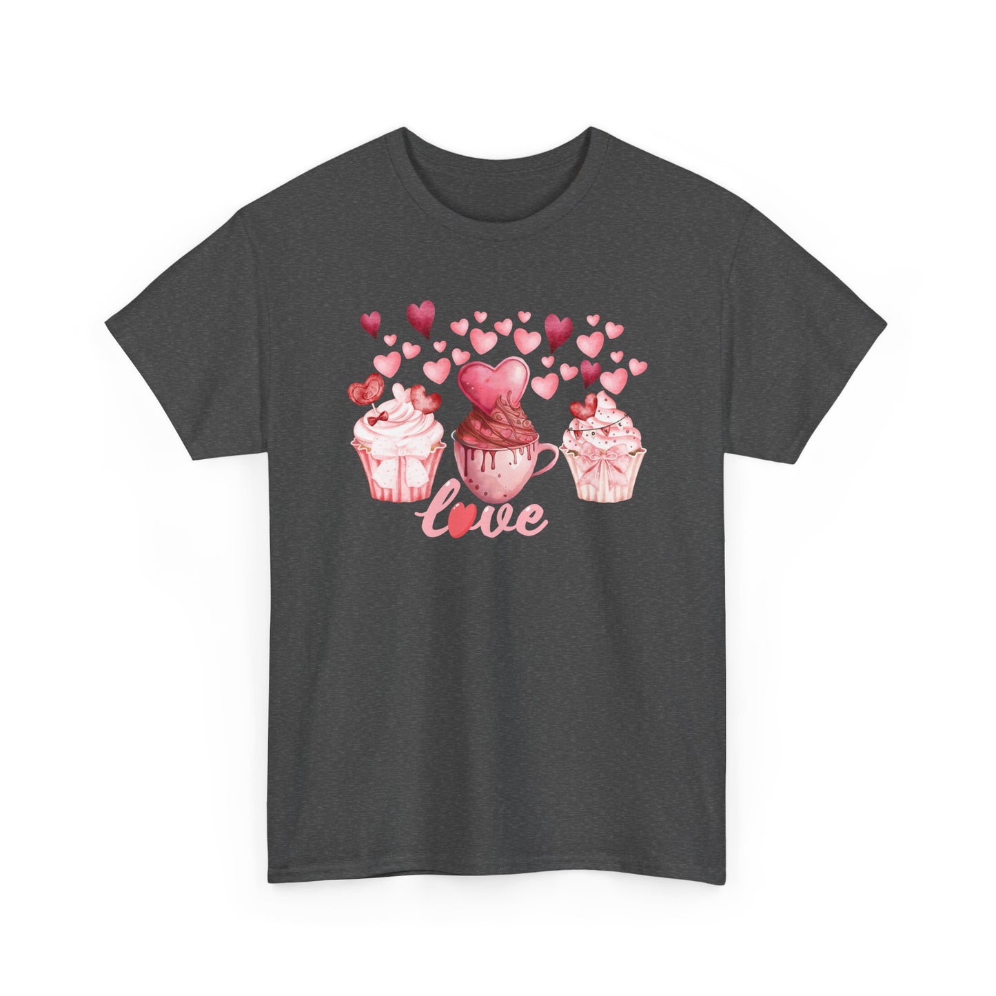 Pink Cupcakes and Hearts T-Shirt! Love Cupcake Unisex Heavy Cotton Tee, Cute Dessert Shirt, Valentines Day Gift, Sweet Treats Apparel, Birthday Party Top, Comfortable