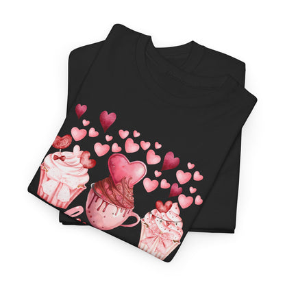 Pink Cupcakes and Hearts T-Shirt! Love Cupcake Unisex Heavy Cotton Tee, Cute Dessert Shirt, Valentines Day Gift, Sweet Treats Apparel, Birthday Party Top, Comfortable