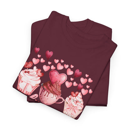 Pink Cupcakes and Hearts T-Shirt! Love Cupcake Unisex Heavy Cotton Tee, Cute Dessert Shirt, Valentines Day Gift, Sweet Treats Apparel, Birthday Party Top, Comfortable