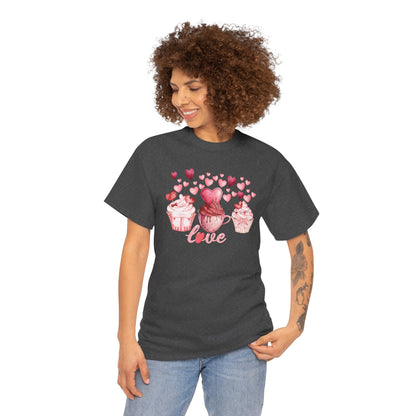 Pink Cupcakes and Hearts T-Shirt! Love Cupcake Unisex Heavy Cotton Tee, Cute Dessert Shirt, Valentines Day Gift, Sweet Treats Apparel, Birthday Party Top, Comfortable