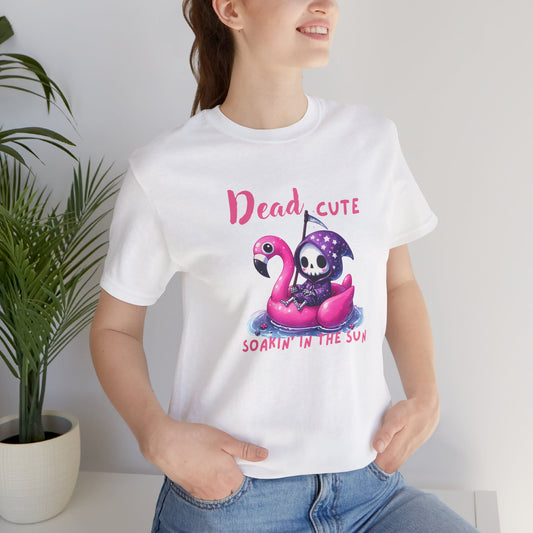 Dead Cute soakin in the sun Flamingo T-Shirt Summerween Funny Grim Reaper Shirt Halloween Vacation Vibes, Unique Gift, Beach Party Apparel