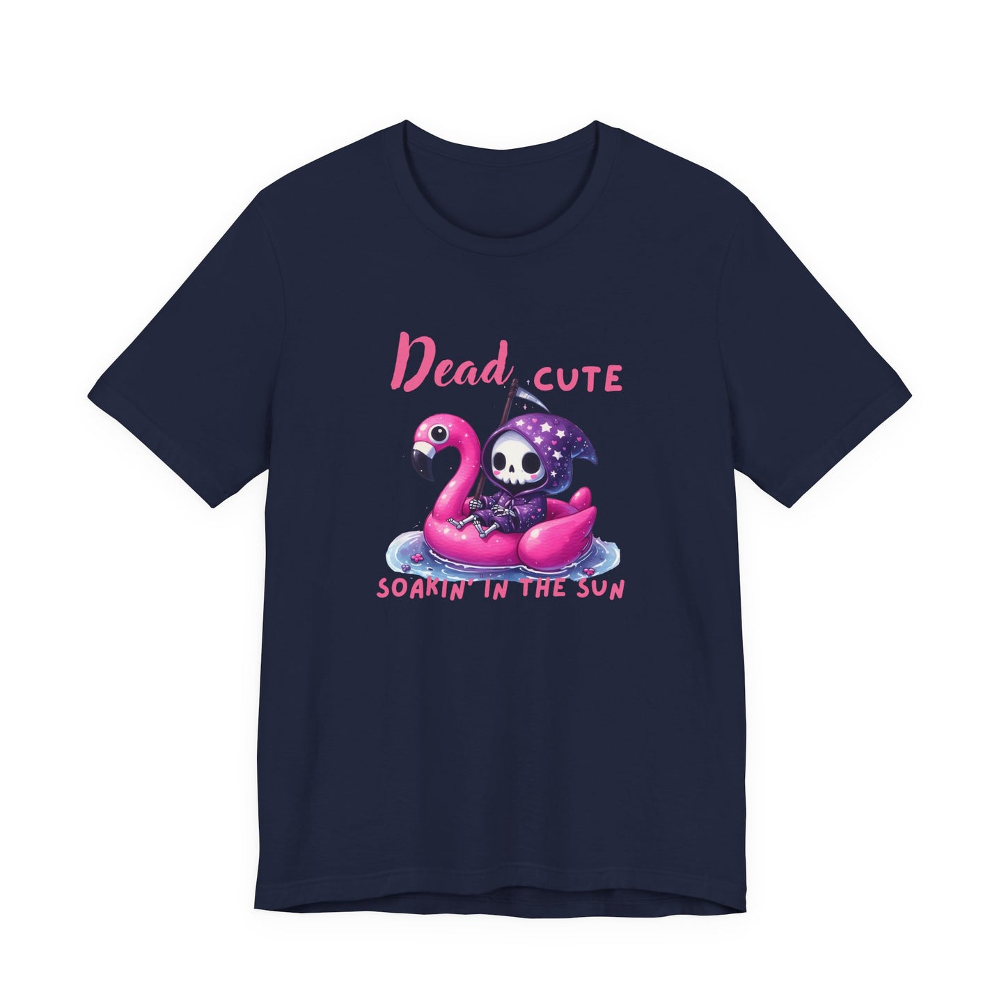 Dead Cute soakin in the sun Flamingo T-Shirt Summerween Funny Grim Reaper Shirt Halloween Vacation Vibes, Unique Gift, Beach Party Apparel