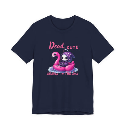 Dead Cute soakin in the sun Flamingo T-Shirt Summerween Funny Grim Reaper Shirt Halloween Vacation Vibes, Unique Gift, Beach Party Apparel