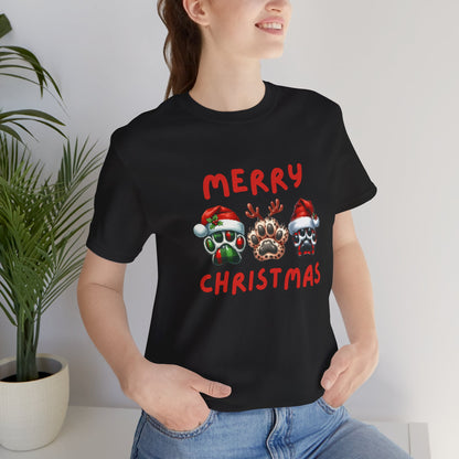 Merry Christmas paw prints Unisex Jersey Tee, Holiday T-shirt, Christmas Gift, Festive Short Sleeve, Winter Wear, Holiday Outfit, Gift for Him/Her