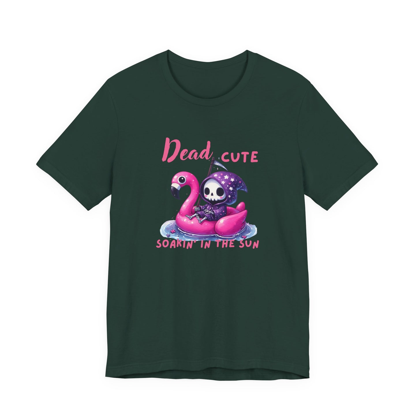 Dead Cute soakin in the sun Flamingo T-Shirt Summerween Funny Grim Reaper Shirt Halloween Vacation Vibes, Unique Gift, Beach Party Apparel