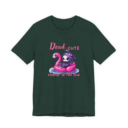 Dead Cute soakin in the sun Flamingo T-Shirt Summerween Funny Grim Reaper Shirt Halloween Vacation Vibes, Unique Gift, Beach Party Apparel