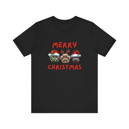 Merry Christmas paw prints Unisex Jersey Tee, Holiday T-shirt, Christmas Gift, Festive Short Sleeve, Winter Wear, Holiday Outfit, Gift for Him/Her