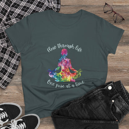 Yoga Tee - "Flow Through Life, One Pose at a Time" Woman's Semi fit tee