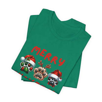 Merry Christmas paw prints Unisex Jersey Tee, Holiday T-shirt, Christmas Gift, Festive Short Sleeve, Winter Wear, Holiday Outfit, Gift for Him/Her