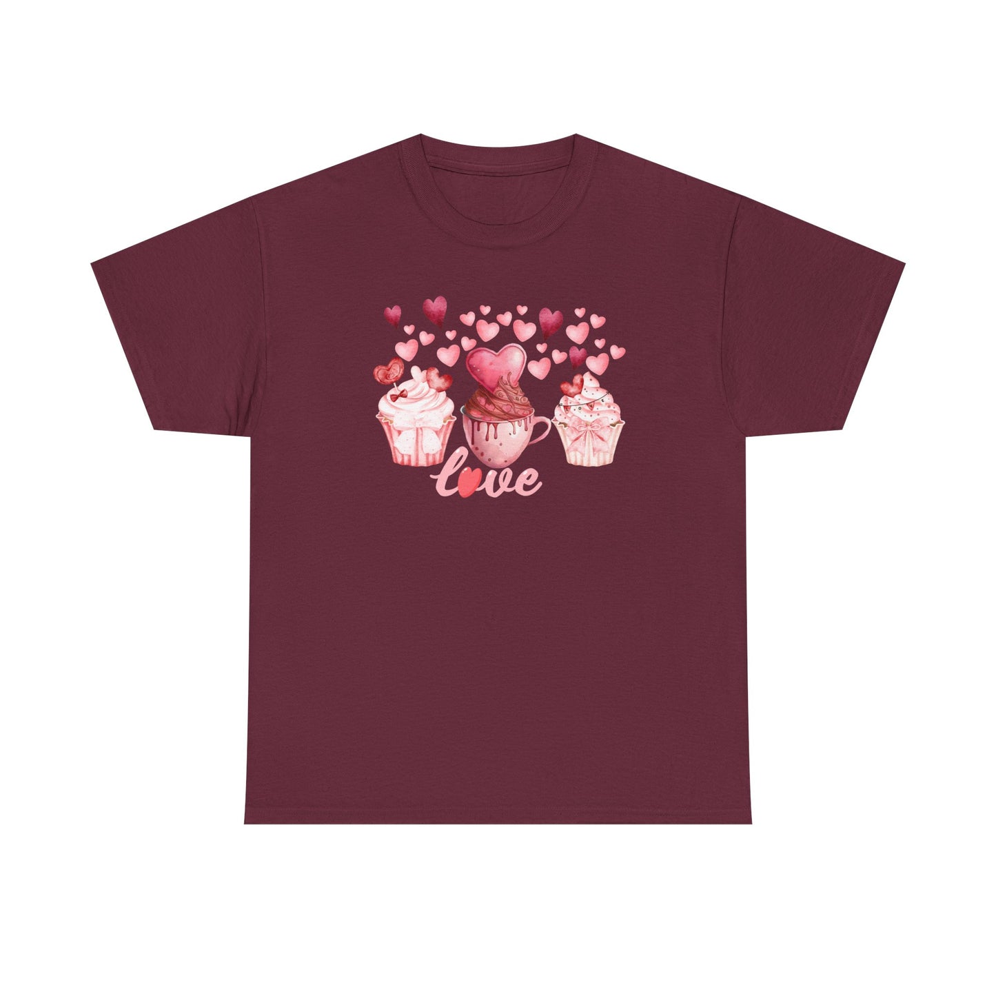 Pink Cupcakes and Hearts T-Shirt! Love Cupcake Unisex Heavy Cotton Tee, Cute Dessert Shirt, Valentines Day Gift, Sweet Treats Apparel, Birthday Party Top, Comfortable
