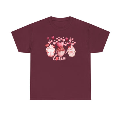 Pink Cupcakes and Hearts T-Shirt! Love Cupcake Unisex Heavy Cotton Tee, Cute Dessert Shirt, Valentines Day Gift, Sweet Treats Apparel, Birthday Party Top, Comfortable