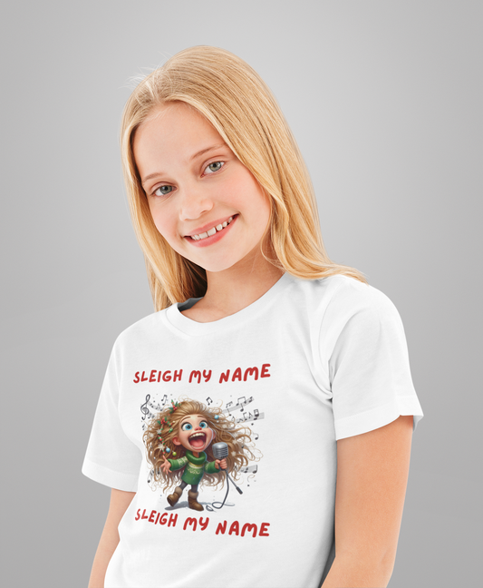 Festive Holiday Tee for Kids - "Sleigh My Name" Christmas Shirt, Fun Gift for Kids, Holiday Apparel, Kids Christmas Outfits, Playful T-Shirt