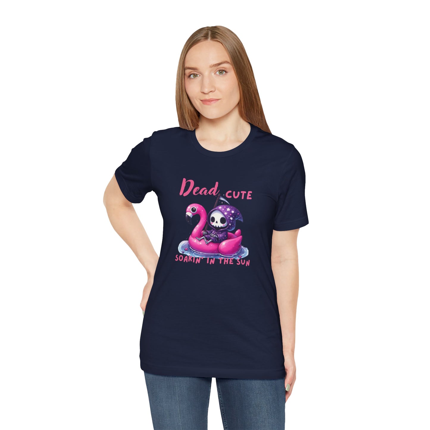 Dead Cute soakin in the sun Flamingo T-Shirt Summerween Funny Grim Reaper Shirt Halloween Vacation Vibes, Unique Gift, Beach Party Apparel