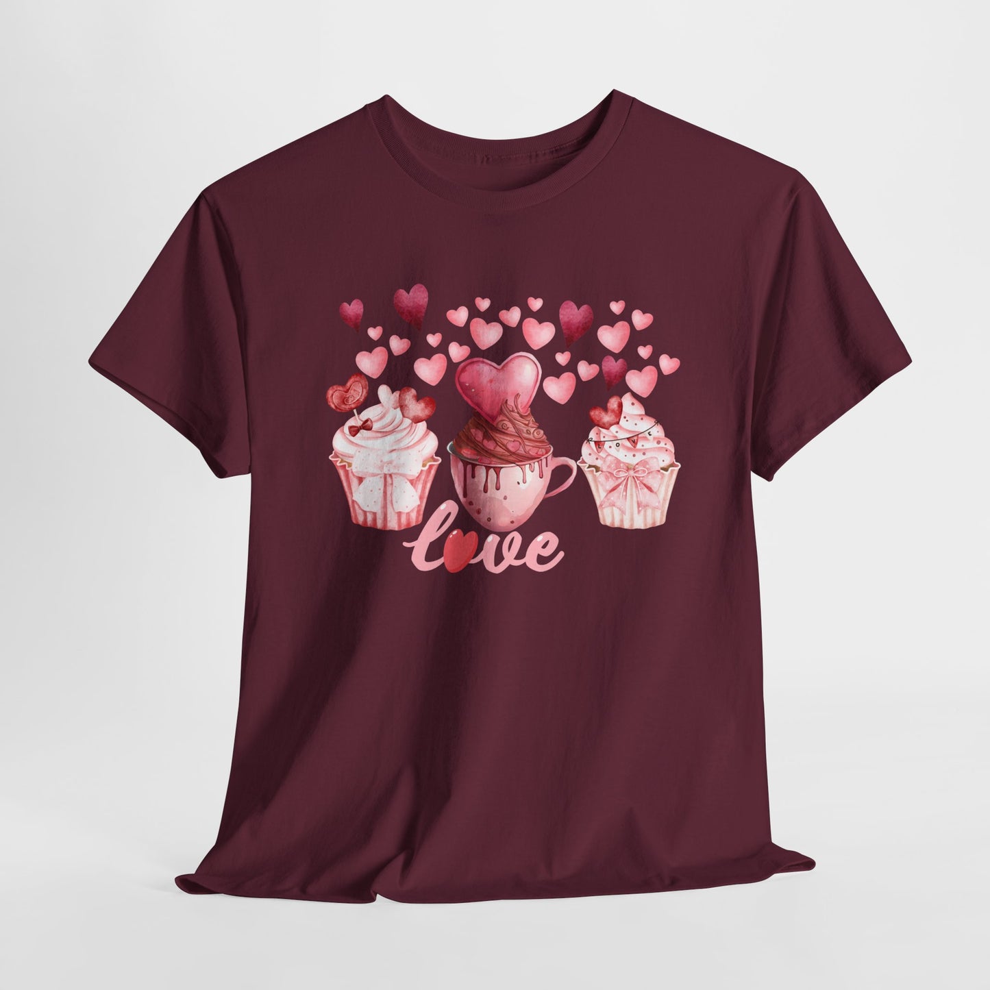 Pink Cupcakes and Hearts T-Shirt! Love Cupcake Unisex Heavy Cotton Tee, Cute Dessert Shirt, Valentines Day Gift, Sweet Treats Apparel, Birthday Party Top, Comfortable