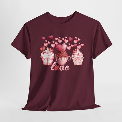 Pink Cupcakes and Hearts T-Shirt! Love Cupcake Unisex Heavy Cotton Tee, Cute Dessert Shirt, Valentines Day Gift, Sweet Treats Apparel, Birthday Party Top, Comfortable