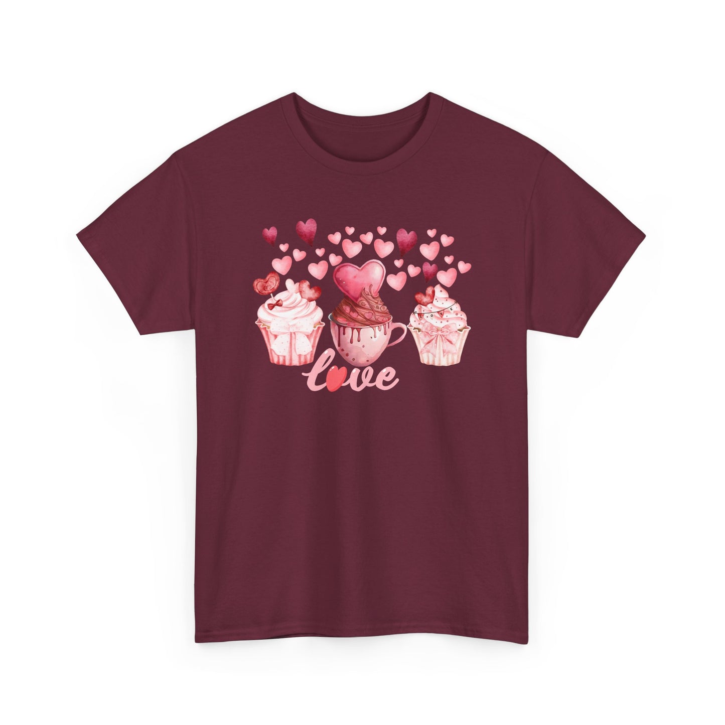 Pink Cupcakes and Hearts T-Shirt! Love Cupcake Unisex Heavy Cotton Tee, Cute Dessert Shirt, Valentines Day Gift, Sweet Treats Apparel, Birthday Party Top, Comfortable
