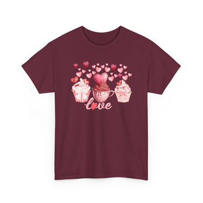 Pink Cupcakes and Hearts T-Shirt! Love Cupcake Unisex Heavy Cotton Tee, Cute Dessert Shirt, Valentines Day Gift, Sweet Treats Apparel, Birthday Party Top, Comfortable