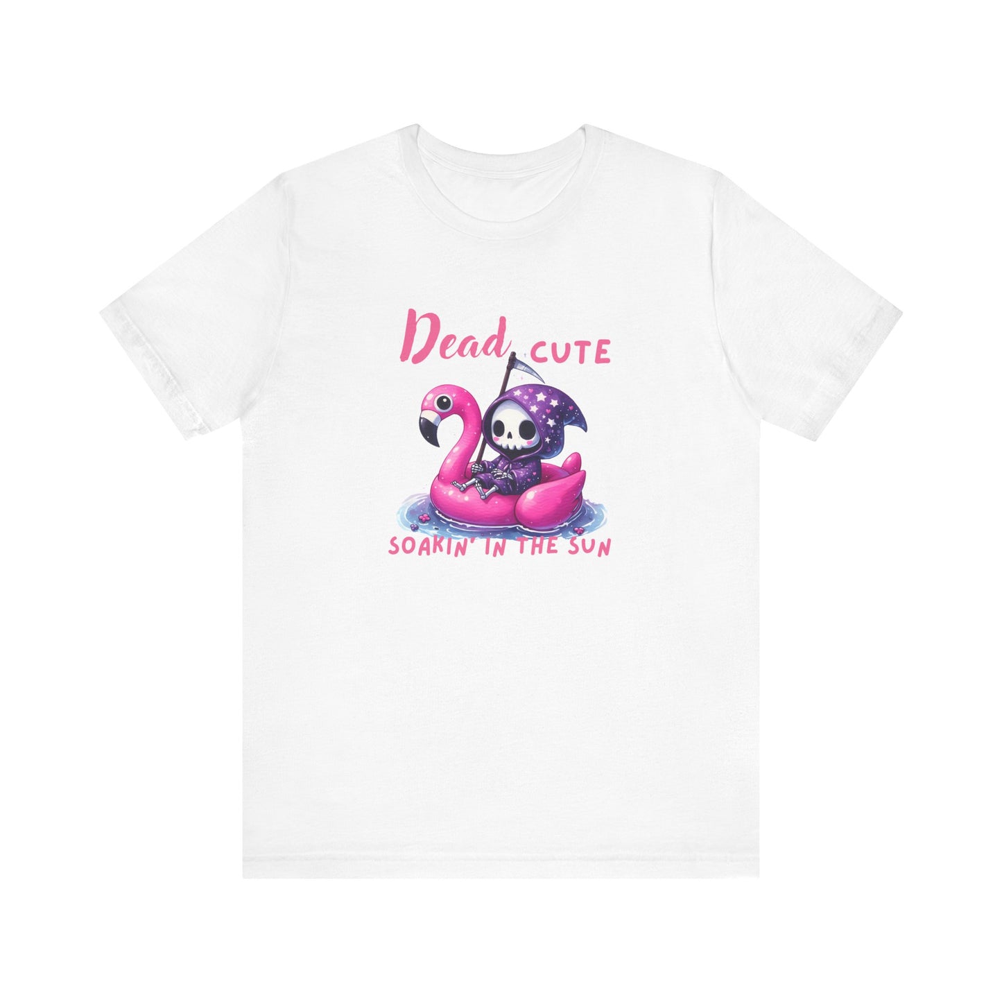 Dead Cute soakin in the sun Flamingo T-Shirt Summerween Funny Grim Reaper Shirt Halloween Vacation Vibes, Unique Gift, Beach Party Apparel
