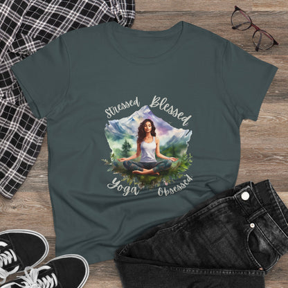 Stressed Blessed yoga Obsessed Woman's Semi fitted Shirt