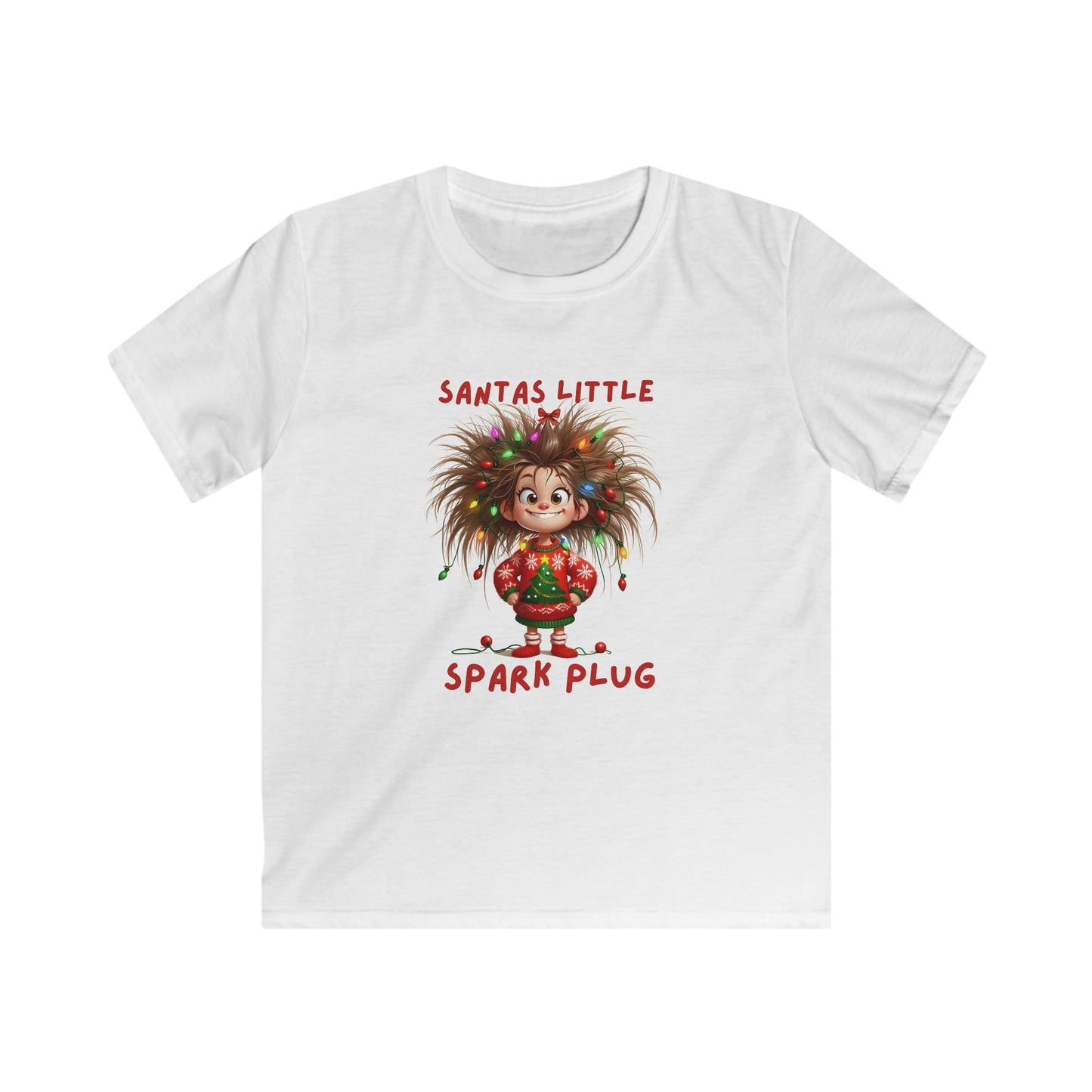 Kids Tee — "Santa’s Little Spark Plug" Girl with Light-Up Hair Christmas Design