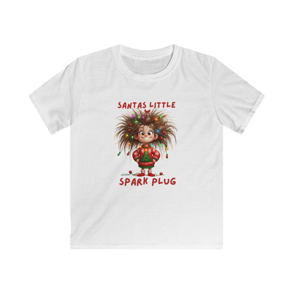 Kids Tee — "Santa’s Little Spark Plug" Girl with Light-Up Hair Christmas Design
