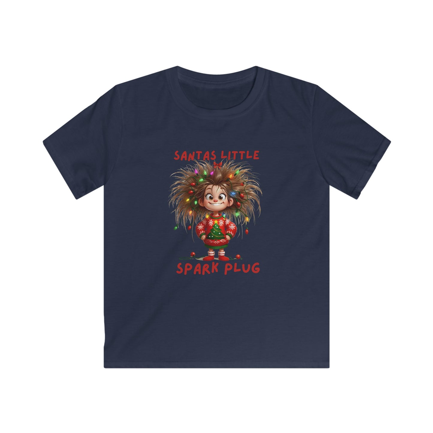 Kids Tee — "Santa’s Little Spark Plug" Girl with Light-Up Hair Christmas Design