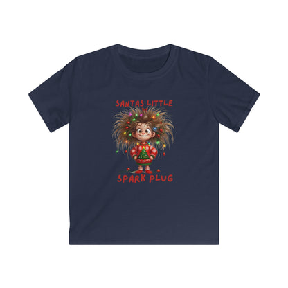 Kids Tee — "Santa’s Little Spark Plug" Girl with Light-Up Hair Christmas Design
