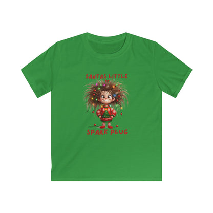 Kids Tee — "Santa’s Little Spark Plug" Girl with Light-Up Hair Christmas Design