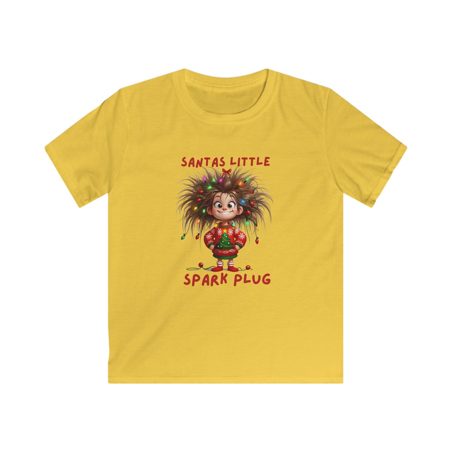 Kids Tee — "Santa’s Little Spark Plug" Girl with Light-Up Hair Christmas Design
