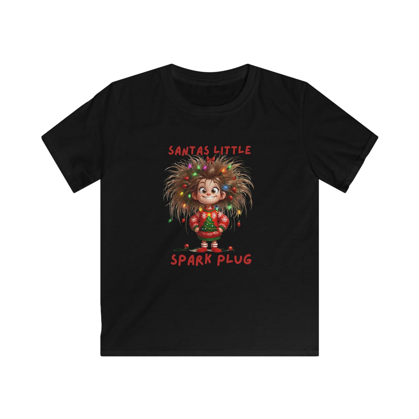 Kids Tee — "Santa’s Little Spark Plug" Girl with Light-Up Hair Christmas Design
