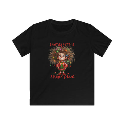 Kids Tee — "Santa’s Little Spark Plug" Girl with Light-Up Hair Christmas Design