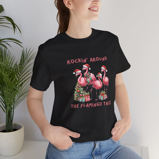 Rockin' Around Flamingo Christmas Tee, Festive Shirt, Holiday Fashion, Summer Vibes, Unisex Gift Idea, Fun Winter Apparel